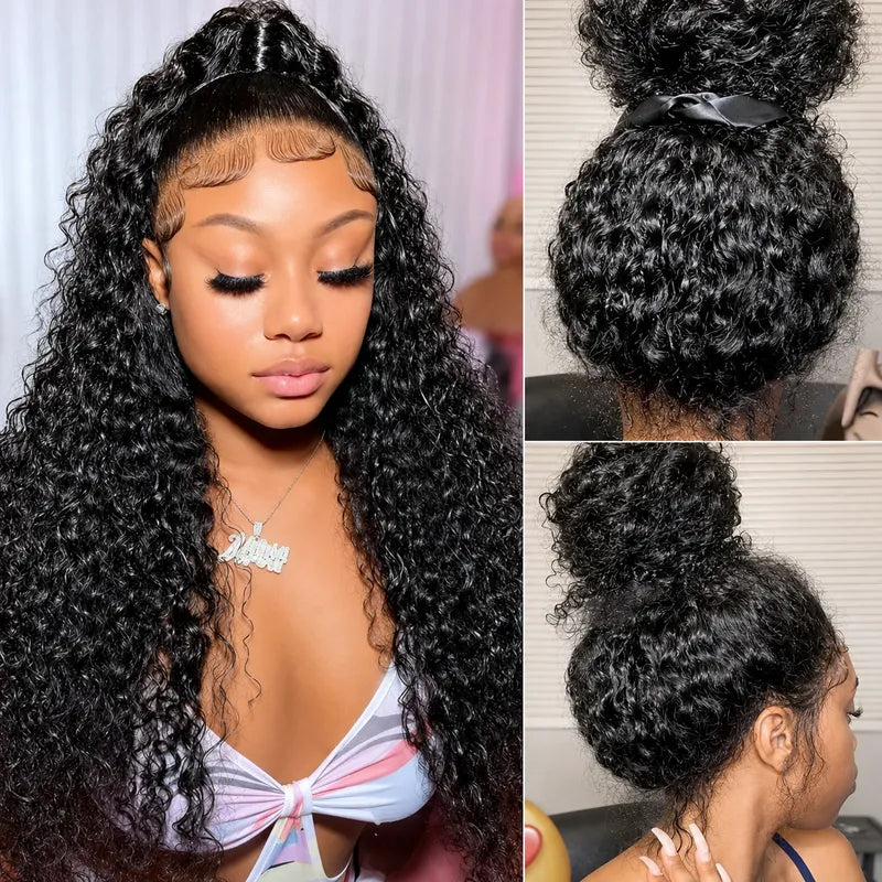 Ali Grace Human Hair 360 Circular Lace Curly Wig model collage featuring pre-plucked bleached knots, natural hairline, seamless lace blend, defined curls and ultimate styling freedom