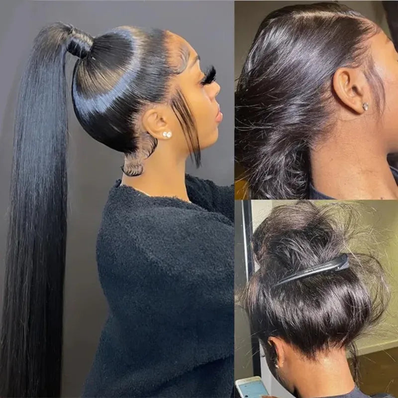 Aligrace High Quality Natural Color Straight 360 Lace Front Wig model collage featuring silky straight human hair, realistic hairline, natural texture and versatile styling options