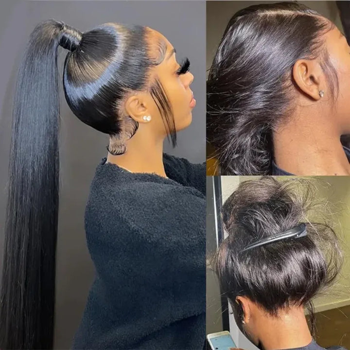Aligrace High Quality Natural Color Straight 360 Lace Front Wig model collage featuring silky straight human hair, realistic hairline, natural texture and versatile styling options