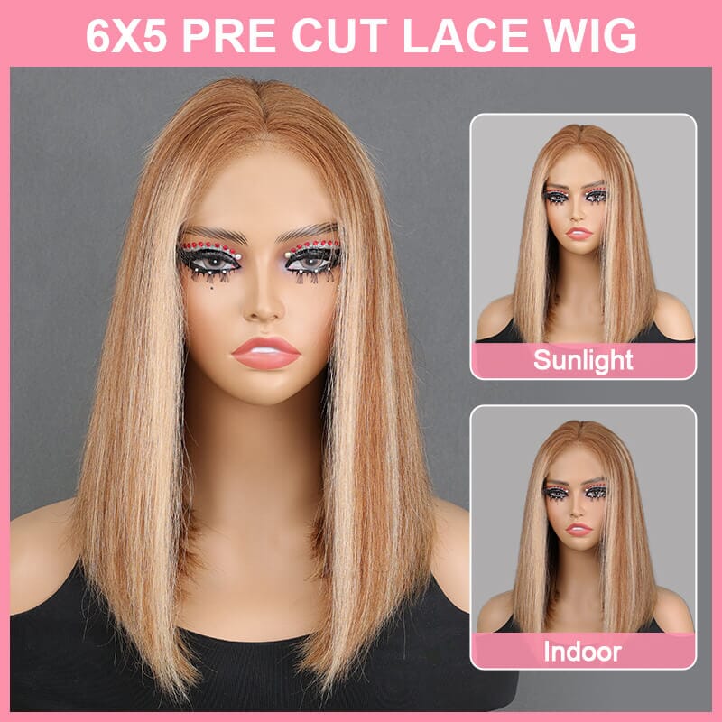 Aligrace 6x5 Middle Part Straight P6/22 Color Wear & Go Glueless Short BoB Wig