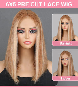 Aligrace 6x5 Middle Part Straight P6/22 Highlight Color Wear & Go Glueless Short BoB Wig