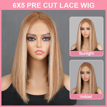 Aligrace 6x5 Middle Part Straight P6/22 Color Wear & Go Glueless Short BoB Wig