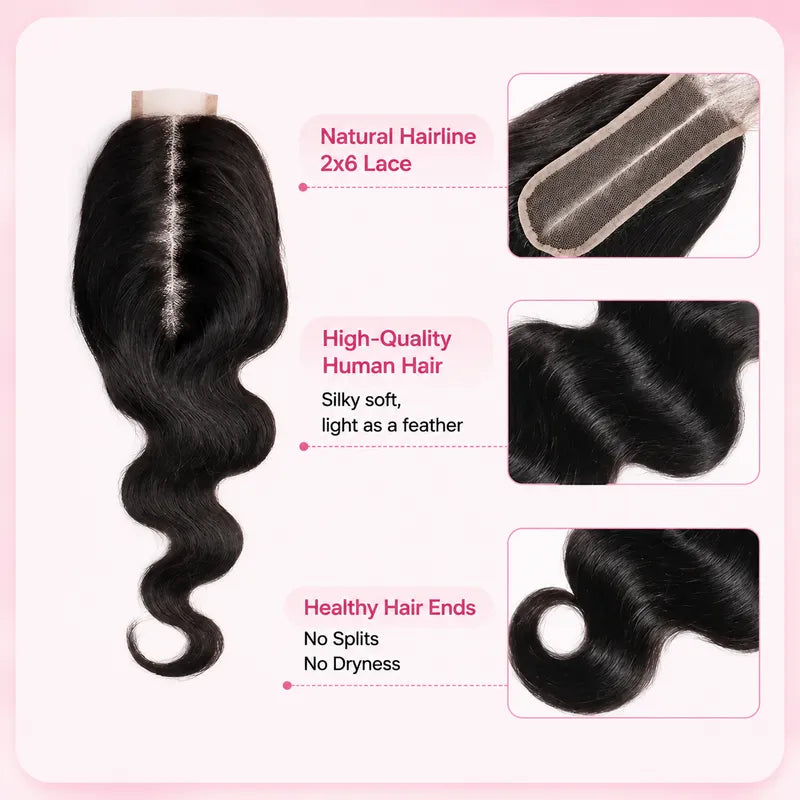 Body wave human hair closure with soft flowing texture, premium strands and natural movement
