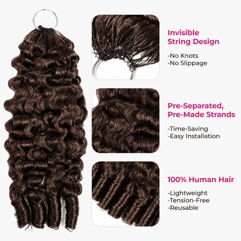 Close-up of Ali Grace #4 Chocolate Brown Burmese Curly crochet human hair showing defined curls, soft texture, and natural shine.