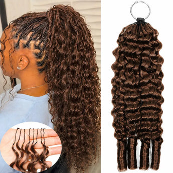 Model wearing Ali Grace #4 Chocolate Brown Burmese Curly crochet human hair extensions with soft, full curls and a natural-looking finish.