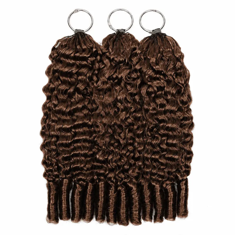 Ali Grace #4 Chocolate Brown Burmese Curly crochet human hair extensions displayed to showcase full volume, lightweight design, and natural curl pattern.