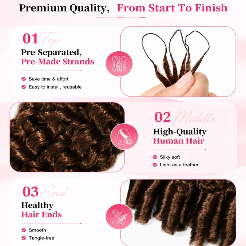 Detailed texture of Ali Grace #4 Chocolate Brown Burmese Curly crochet human hair, highlighting tight curls, smooth strands, and premium human hair quality.
