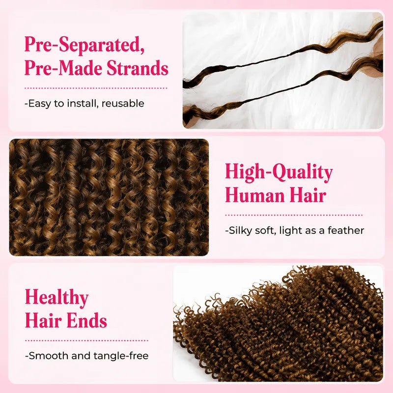 Close up of Ali Grace Chocolate Brown Kinky Curly Crochet Human Hair Extension with defined curls, smooth strands, and knot-friendly design