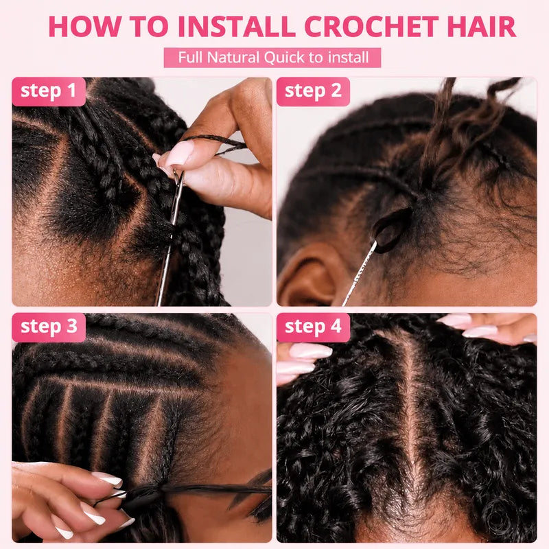 4-step installation guide for Ali Grace 99J Burgundy Burmese Curly crochet 100% human hair extensions, showing how to achieve a quick, secure, and natural-looking protective style.