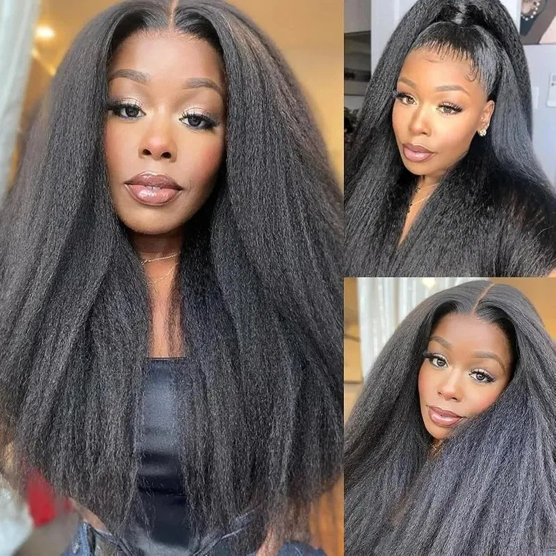 High ponytail 360 lace kinky straight human hair wig with versatile styling options, realistic hairline and seamless natural finish