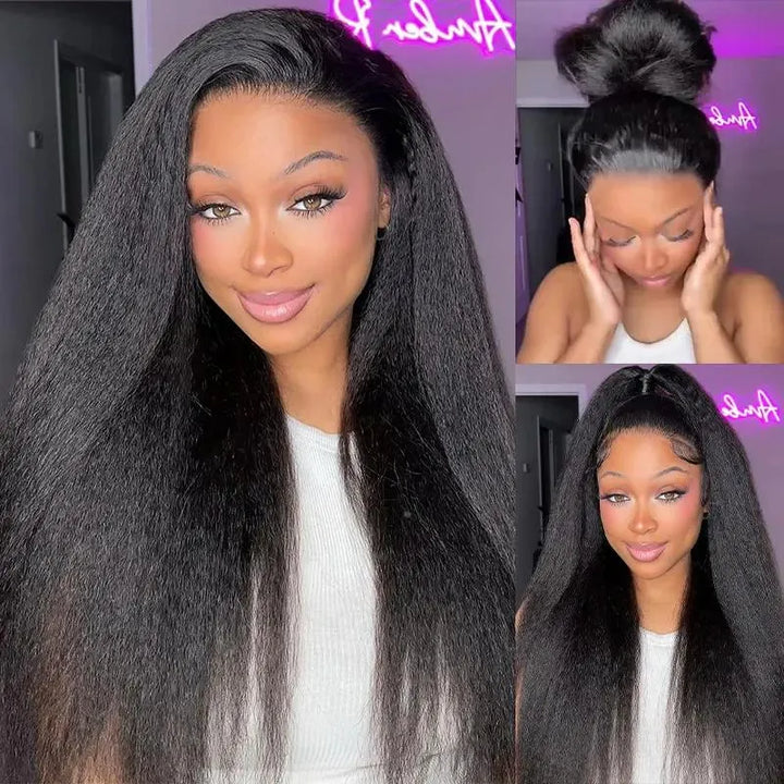 Kinky straight 360 lace wig made with 100% human hair featuring a natural hairline, full lace coverage and realistic everyday styling look
