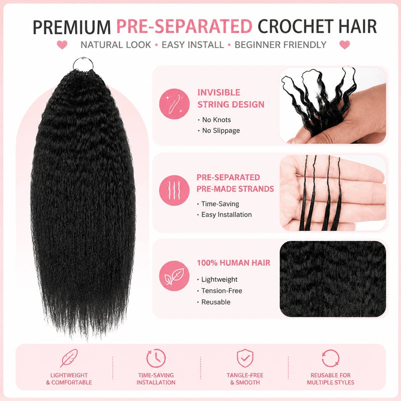 Ali Grace Kinky Straight Crochet Hair Extensions product details showing human hair quality, texture, and seamless blend design
