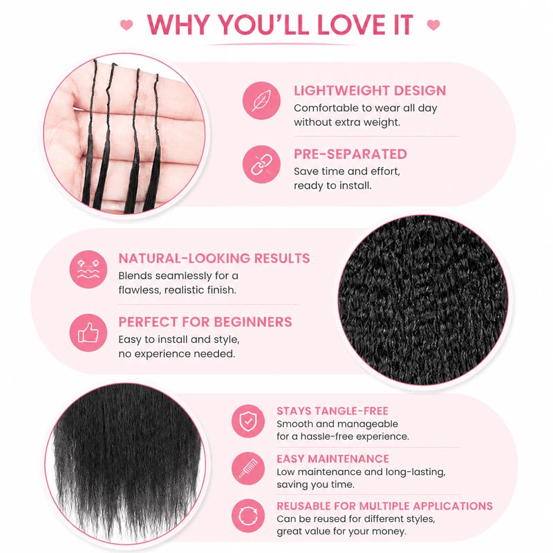 Close up view of Ali Grace Kinky Straight Crochet Human Hair Extensions with smooth strands and knot-friendly texture