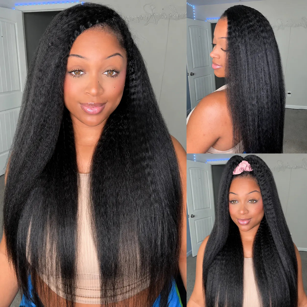 Model wearing Ali Grace Kinky Straight crochet human hair extensions, featuring natural-looking curls, full volume, soft texture, and a beautiful protective style for everyday wear.