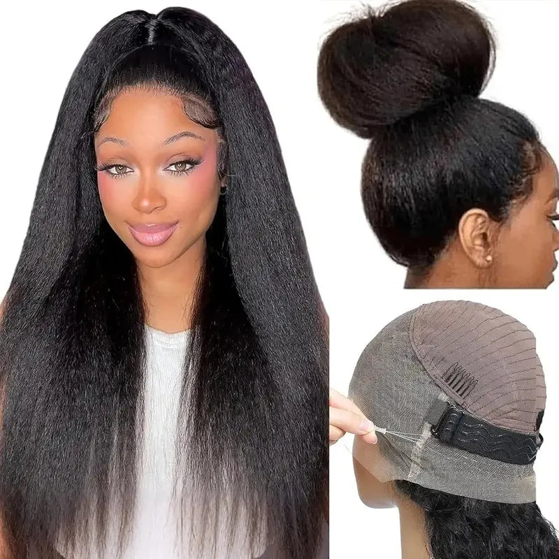 Kinky straight human hair wig with pre-plucked hairline, melted lace effect and detailed natural texture for a realistic look