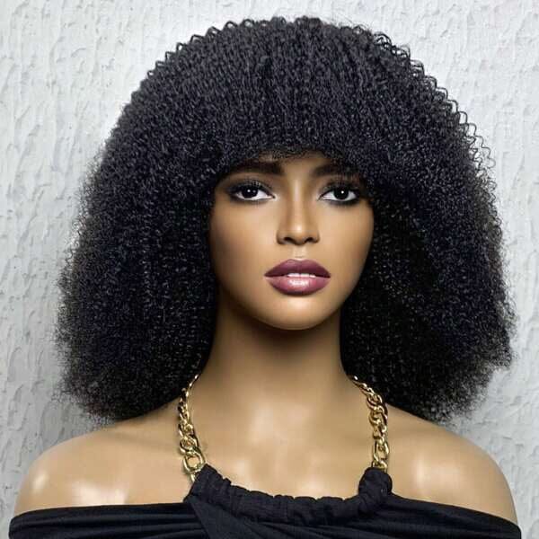 Aligrace Machine Made Afro Curly Human Hair Wig With Bangs