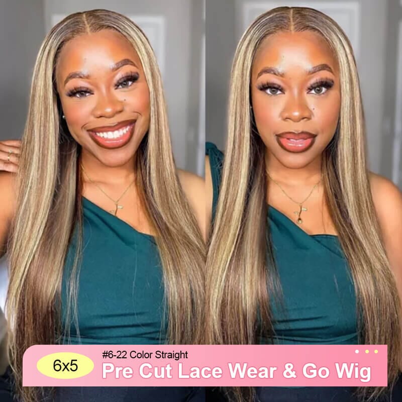 Aligrace Pre Bleached Tiny Knots 6x5 Pre-Cut Lace Straight P6/22 Color Wear & Go Glueless Wig