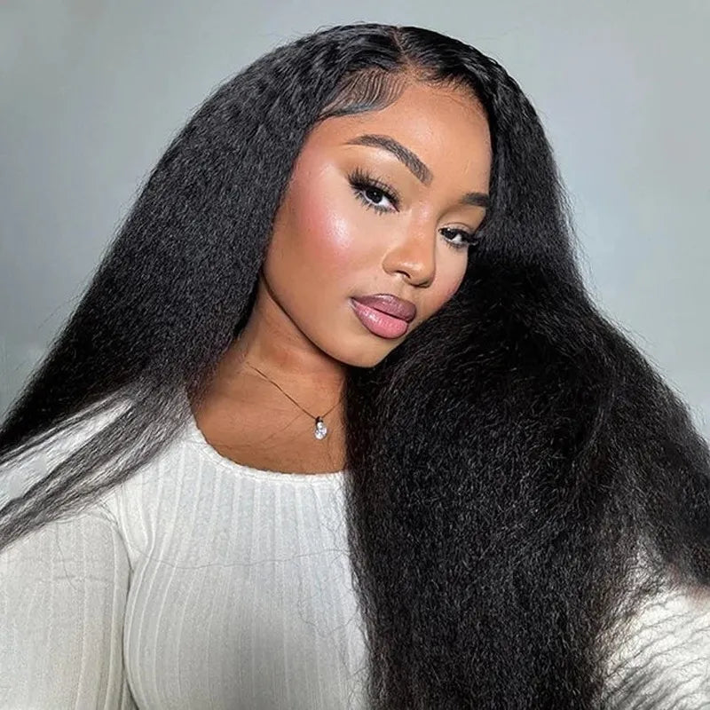 Pre-plucked kinky straight human hair wig featuring a seamless hairline, natural appearance and effortless styling versatility