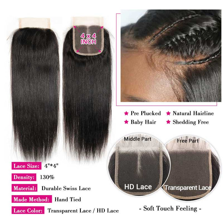 Products Ali Grace Brazilian Straight Hair Bundles 3 Pcs With 4x4 Lace Closure