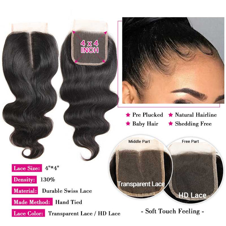 Ali Grace Body Wave Hair Weave 3 Pcs With 4x4 Lace Closure 