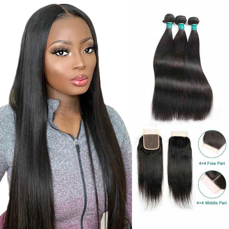 Products Ali Grace Brazilian Straight Hair Bundles 3 Pcs With 4x4 Lace Closure