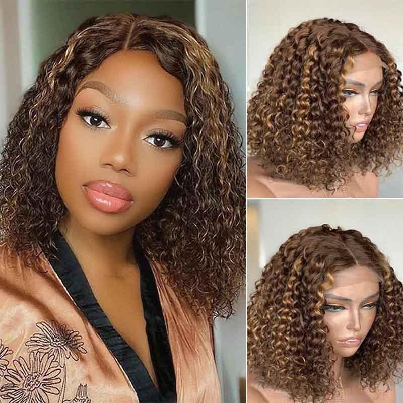 Aligrace 4x4 Lace Curly BoB Wigs Highlight Color