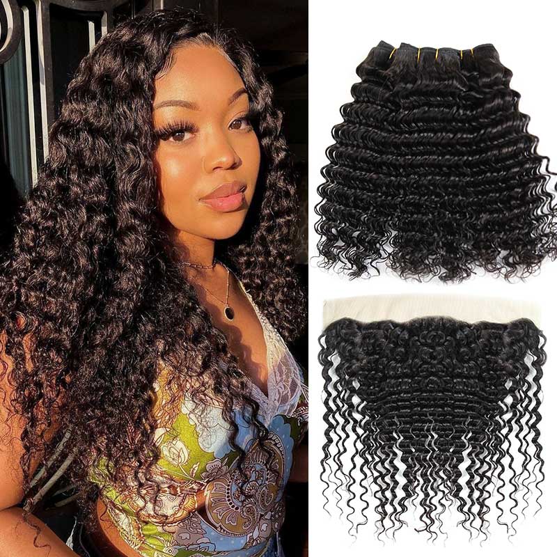 Ali Grace Deep Wave Hair Bundles 3 Pcs With 13x4 Lace Frontal 