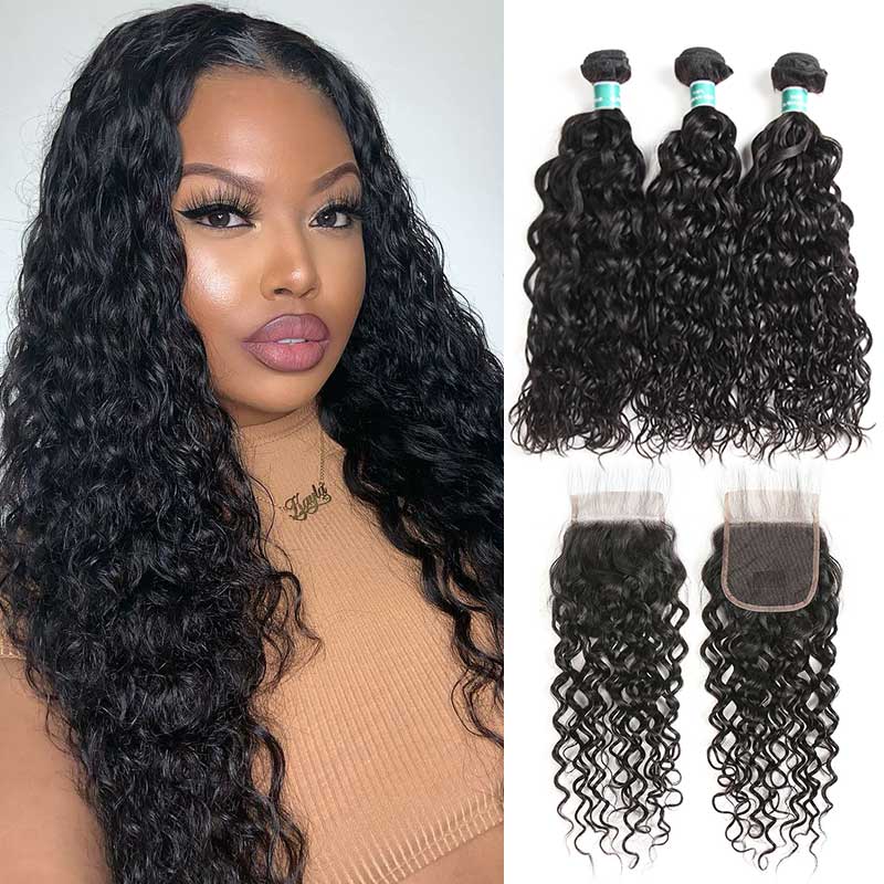 Ali Grace Water Wave Hair Weave 3 Pcs With 4x4 Lace Closure 