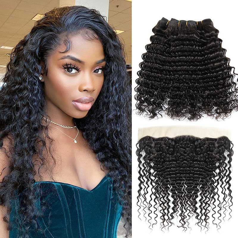 Ali Grace Deep Wave Hair Bundles 3 Pcs With 13x4 Lace Frontal 
