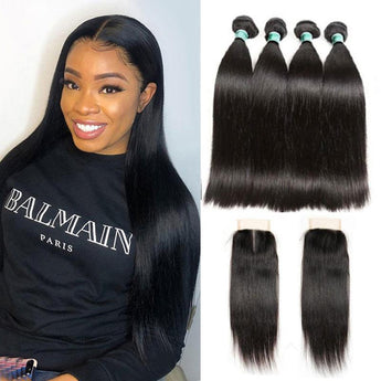 Ali Grace Brazilian Straight Hair Bundles 4 Pcs With 4x4 Lace Closure 