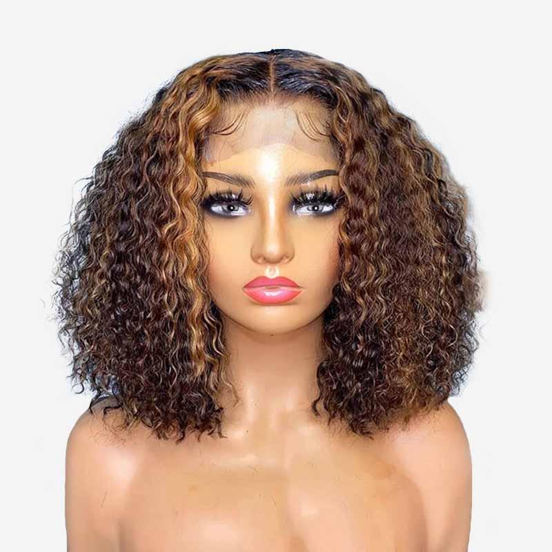 Aligrace 4x4 Lace Curly BoB Wigs Highlight Brown Color