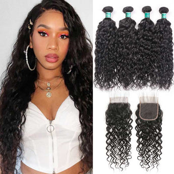 Ali Grace Water Wave Hair Bundles 4 Pcs With 4x4 Lace Closure 