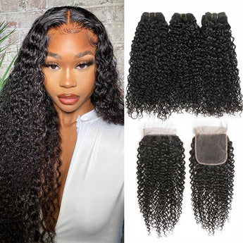 Ali Grace Brazilian Kinky Curly Hair Bundles 3 Pcs With 4x4 Lace Closure Full Cuticle Aligned 