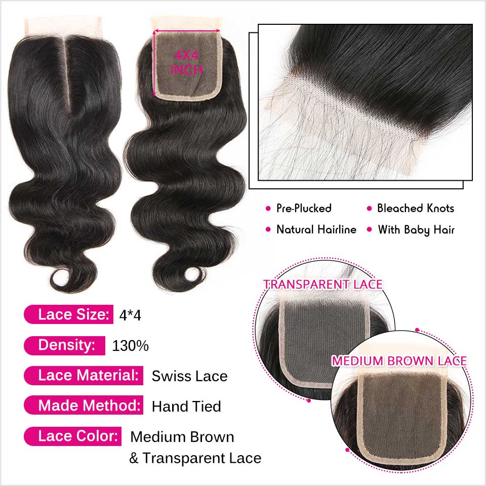 Ali Grace Body Wave Human Hair Bundles 4 Pcs With 4x4 Lace Closure 