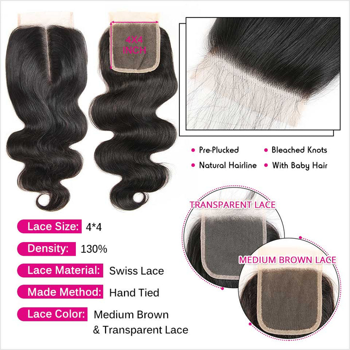 Ali Grace Body Wave Human Hair Bundles 4 Pcs With 4x4 Lace Closure 