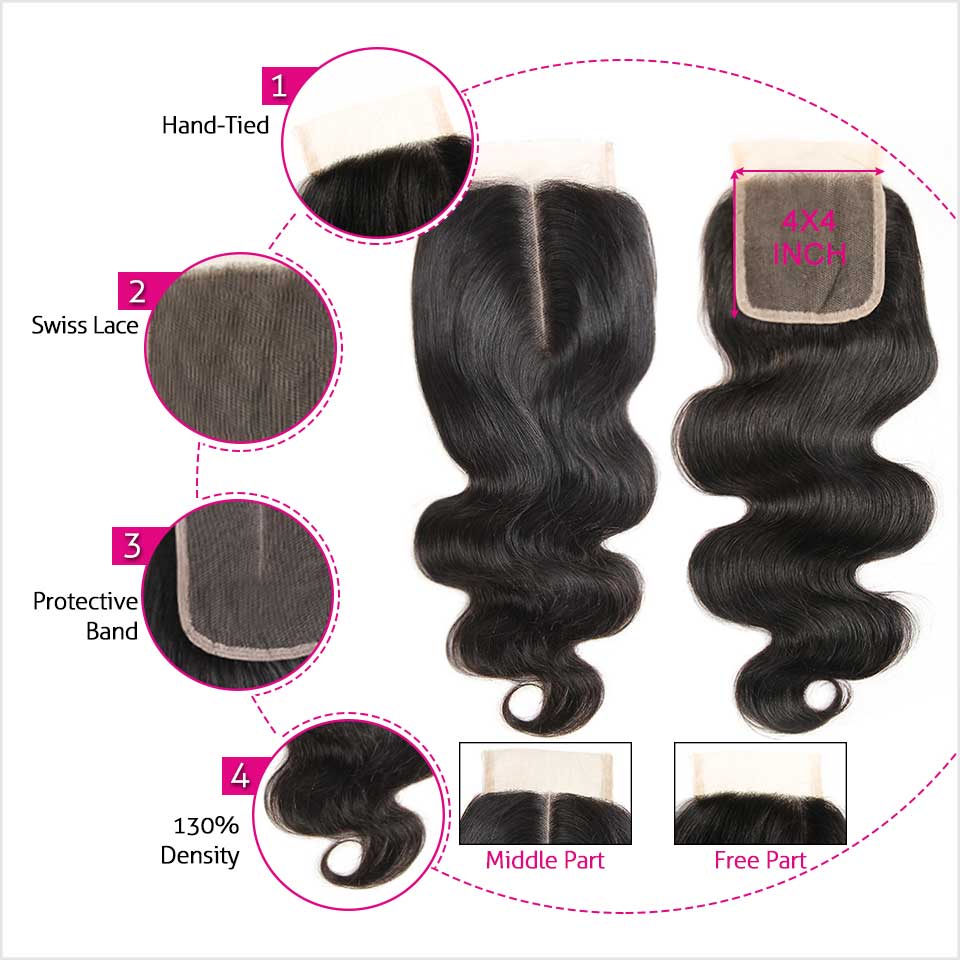 Ali Grace Malaysian Body Wave Hair Bundles 4 Pcs With 4x4 Lace Closure