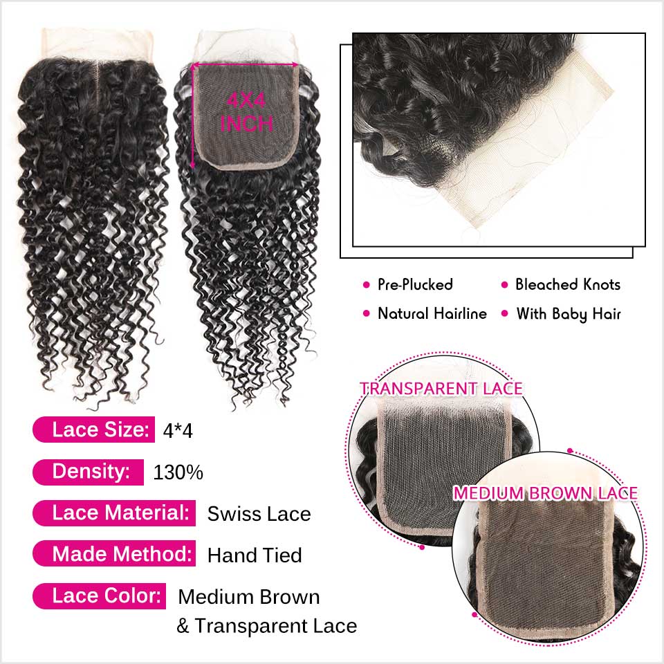 Ali Grace Brazilian Kinky Curly Hair Bundles 3 Pcs With 4x4 Lace Closure Full Cuticle Aligned 