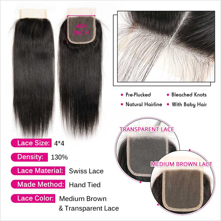 Ali Grace Straight Hair Bundles 4 Pcs with 4x4 Lace Closure 