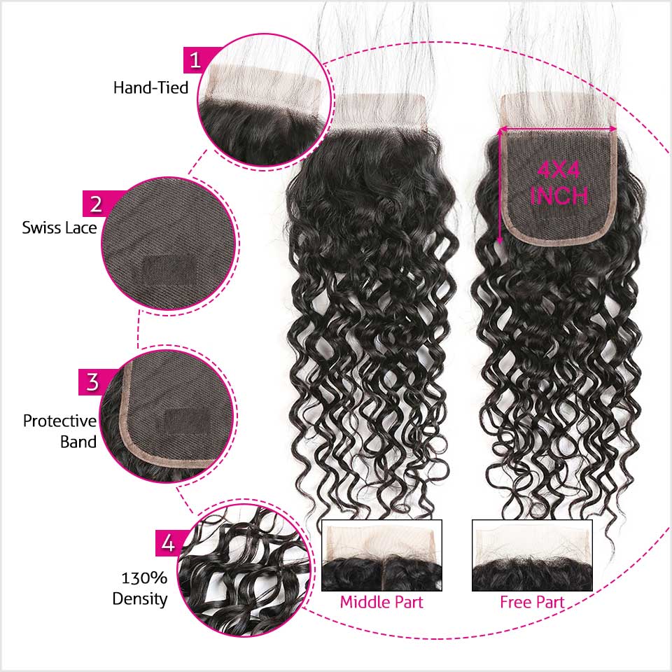Ali Grace Water Wave Hair Weave 3 Pcs With 4x4 Lace Closure 