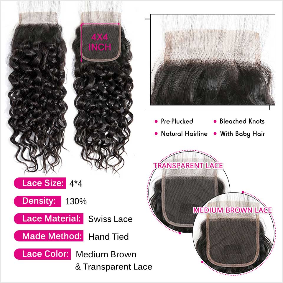 Ali Grace Water Wave Hair Bundles 4 Pcs With 4x4 Lace Closure 