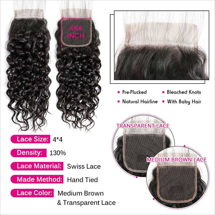 Ali Grace Water Wave Hair Bundles 4 Pcs With 4x4 Lace Closure 