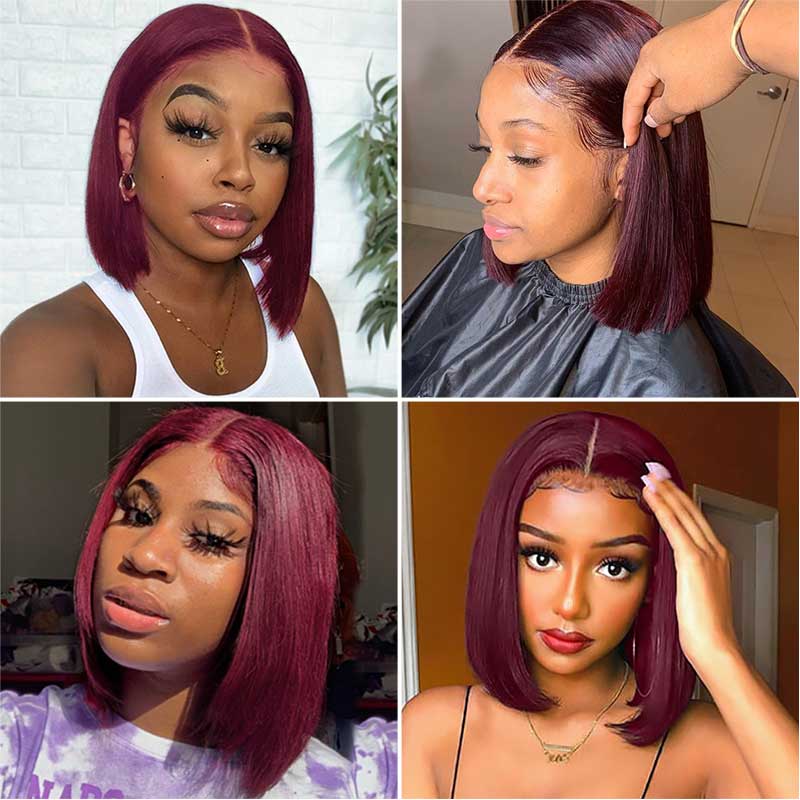 Aligrace 4X4 Closure Lace Straight Short Bob Wig Burgundy 99J Color  