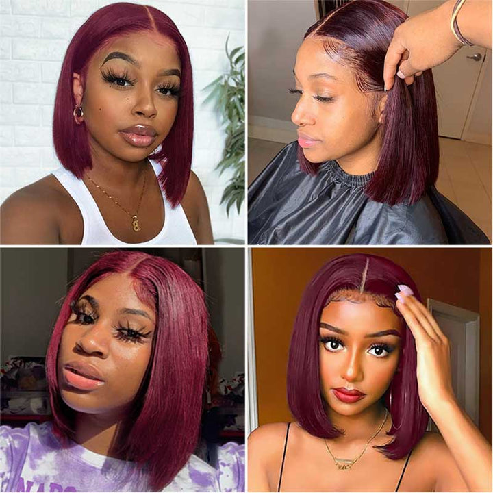 Aligrace 4X4 Closure Lace Straight Short Bob Wig Burgundy 99J Color  