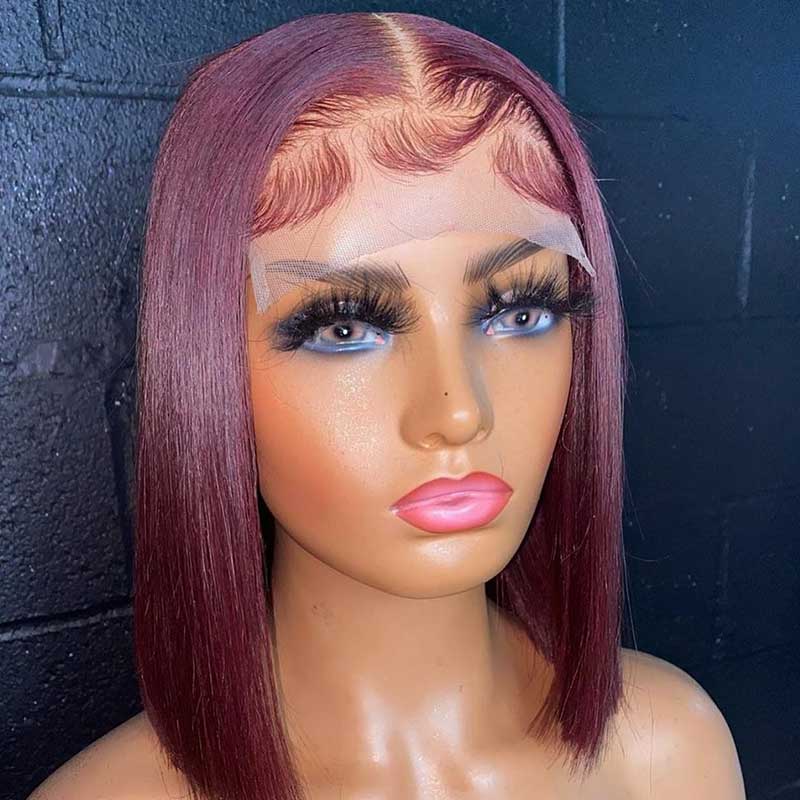 Aligrace 4X4 Closure Lace Straight Short Bob Wig Burgundy 99J Color  