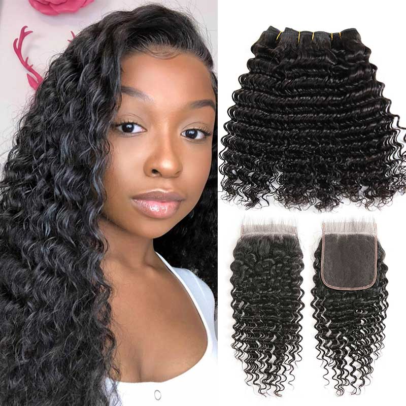 Ali Grace Deep Wave Hair Wave 3 Pcs With 4x4 Lace Closure 
