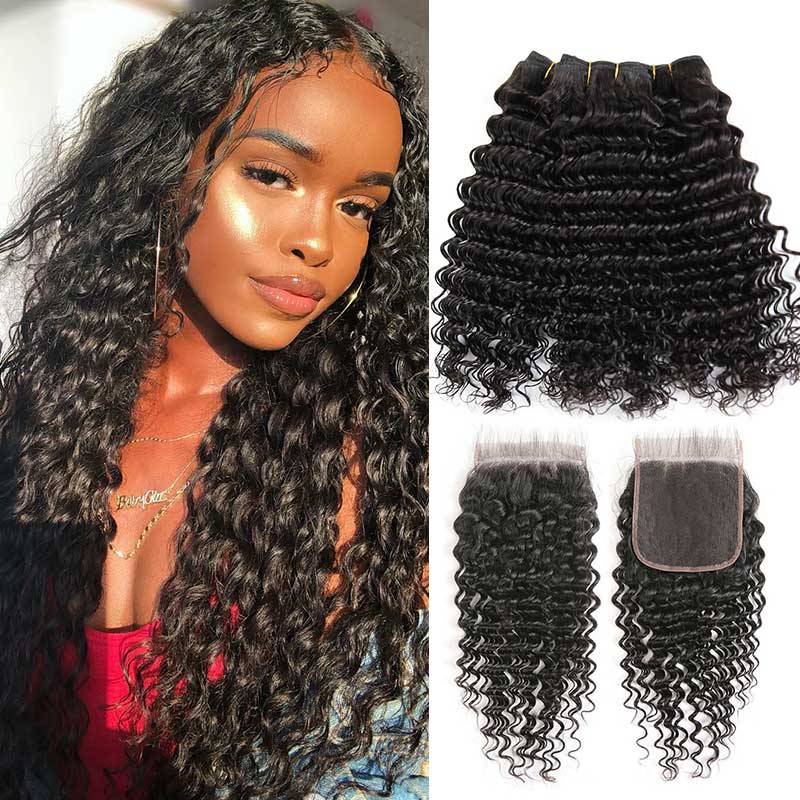 Ali Grace Deep Wave Human Hair Bundles 3 Pcs With 4x4 Lace Closure 