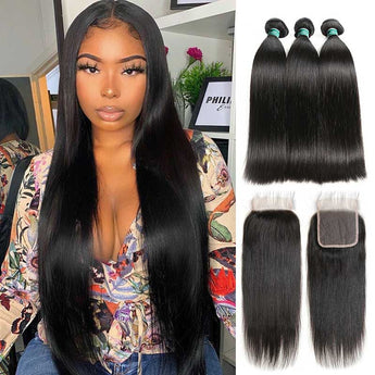 Ali Grace Straight Human Hair Bundles 3 Pcs With 4x4 Lace Closure