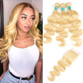 Ali Grace Body Wave Hair Bundles 3 Pcs With 4x4 Closure Blonde Color