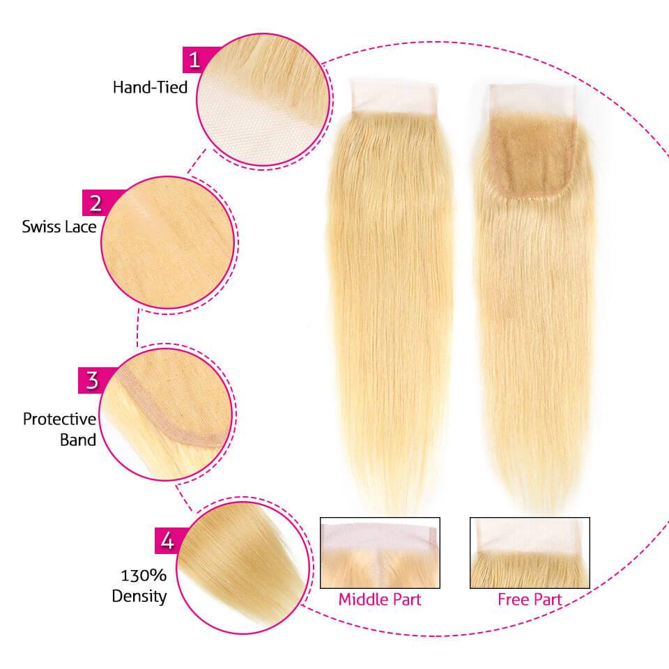 Ali Grace Straight Hair Bundles 3 Pcs With 4x4 Lace Closure Blonde Color