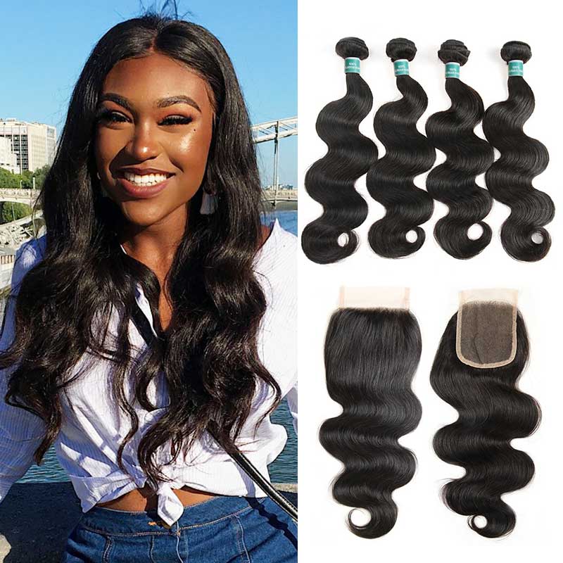 Ali Grace Body Wave Human Hair Bundles 4 Pcs With 4x4 Lace Closure 
